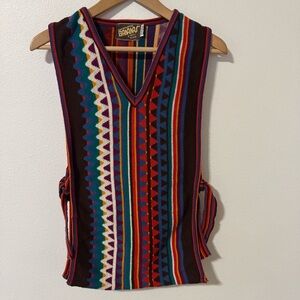 Vintage 70s Bananas Bossio Rainbow Knit Pullover Poncho Sweater V Neck Side Ties